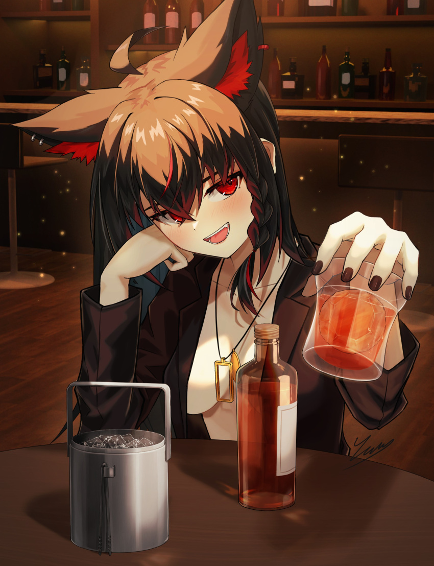 1girl absurdres ahoge alcohol animal_ear_fluff animal_ears arm_support bar_(place) bar_stool black_hair black_jacket black_nails blush bottle braid breasts cup drink fang fox_ears glass hair_between_eyes hair_over_one_eye head_rest head_tilt highres holding holding_cup hololive ice ice_cube indoors jacket jewelry kurokami_fubuki long_hair long_sleeves lying medium_breasts multicolored_hair nagae_yama nail_polish naked_jacket open_clothes open_jacket open_mouth pendant red_eyes red_hair side_braid signature sitting smile solo stool streaked_hair table teeth upper_body virtual_youtuber wooden_floor