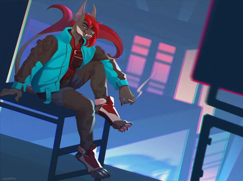 ansart anthro bottomwear brown_body canid canine canis clothing cyberpunk cyberpunk_2077 domestic_dog fangs hair jacket long_tail looking_at_viewer male mammal notched_ear pants red_eyes red_hair sitting smile smoking solo tail teeth topwear