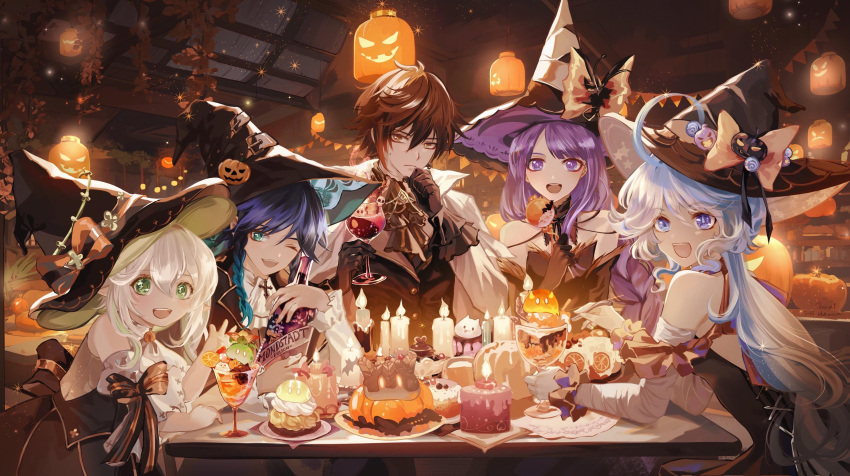 2boys 3girls absurdres alternate_costume bare_shoulders blue_eyes blue_hair brown_hair dark_blue_hair furina_(genshin_impact) genshin_impact green_eyes halloween halloween_costume hat highres long_hair looking_at_viewer multicolored_hair multiple_boys multiple_girls nahida_(genshin_impact) open_mouth pumpkin purple_eyes purple_hair raiden_shogun short_hair transparent_(artist) venti_(genshin_impact) white_hair witch_hat yellow_eyes zhongli_(genshin_impact)