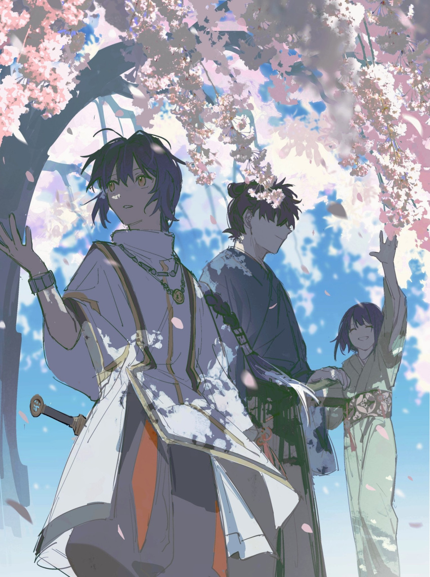 1boy 1girl 1other arm_up black_hair braid cherry_blossoms fate/samurai_remnant fate_(series) hakama hand_on_hilt highres japanese_clothes miyamoto_iori_(fate) ogasawara_kaya petals saber_(fate/samurai_remnant) smile sword tree weapon yanfenguo_gao