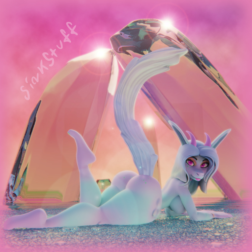 3d_(artwork) anthro big_butt blue_body blue_hair bright_colors butt choker clothing crystal digital_media_(artwork) dragon eyeshadow female footwear freckles fur furred_dragon furry_tail hair hi_res horn jewelry lens_flare lipstick long_ears looking_at_viewer lying makeup necklace nude on_front pink_clothing pink_eyes pink_footwear pink_lipstick siakstuff silver_(metal) silver_jewelry silver_necklace smile solo tail teska