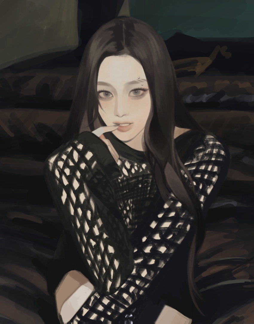 1girl absurdres aespa brown_hair eyebrow_cut eyebrow_piercing finger_to_mouth giselle_(aespa) grey_eyes grey_nails highres k-pop knit_sweater looking_at_viewer nail_polish parted_lips piercing real_life sitting sleeves_past_wrists solo yubbai