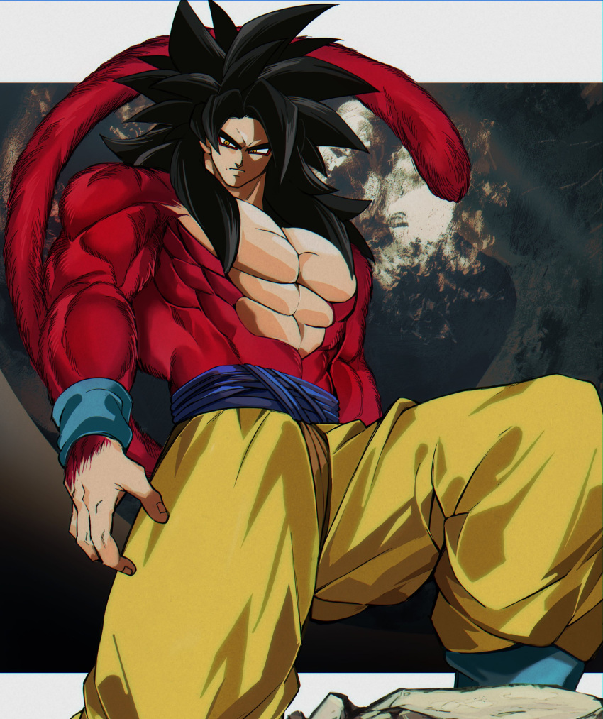 1boy absurdres biceps black_hair blue_sash blue_wristband body_fur dragon_ball dragon_ball_gt gigatan_d highres long_hair looking_at_viewer male_focus monkey_boy monkey_tail muscular muscular_male no_nipples pants pectorals red_fur saiyan sash solo son_goku spiked_hair super_saiyan super_saiyan_4 tail yellow_pants