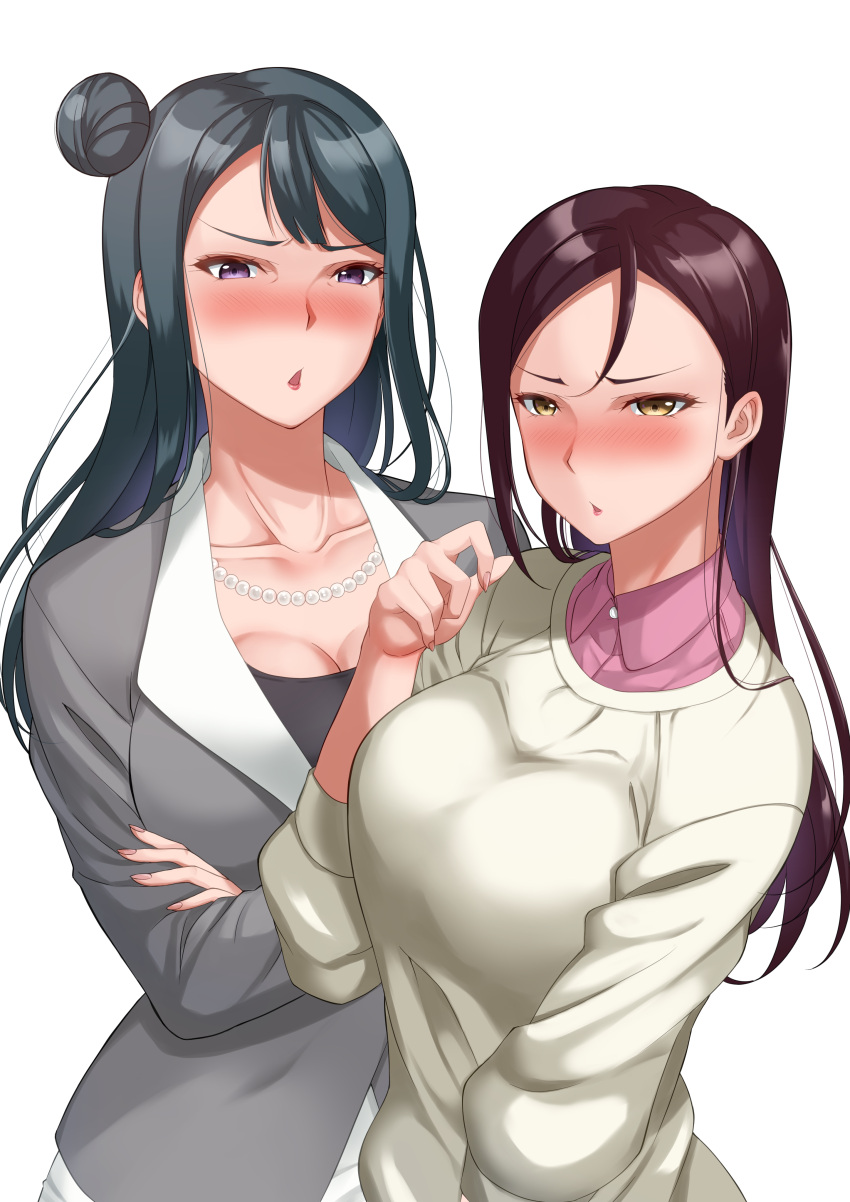 2girls absurdres bead_necklace beads blue_hair blush breasts brown_hair chestnut_mouth chishio_(onoderayui) cleavage collarbone collared_shirt commentary_request crossed_arms dark_blue_hair furrowed_brow hair_bun highres jewelry large_breasts long_hair long_sleeves looking_at_viewer love_live! love_live!_sunshine!! mature_female multiple_girls necklace parted_bangs purple_eyes sakurauchi_riko's_mother shirt simple_background single_hair_bun single_side_bun sweater tsushima_yoshiko's_mother upper_body white_background white_sweater yellow_eyes