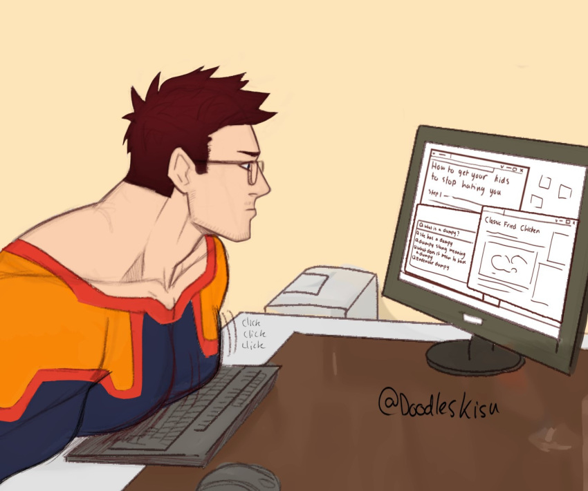 1boy bara beard bespectacled blue_bodysuit bodysuit boku_no_hero_academia concentrating endeavor_(boku_no_hero_academia) english_text facial_hair from_side glasses keyboard_(computer) kisu_(doodleskisu) large_pectorals male_focus mature_male meme monitor motion_lines mouse_(computer) muscular muscular_male parody pectoral_press pectoral_typing_(meme) pectorals short_hair sideburns solo stubble upper_body