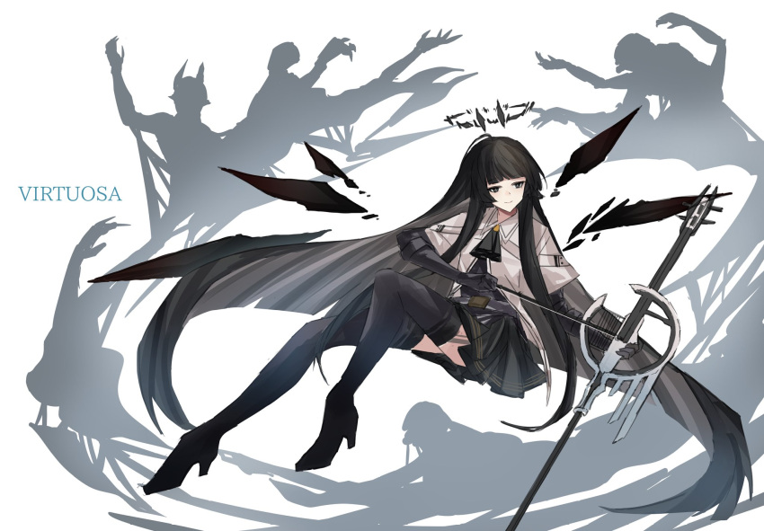 1girl absurdly_long_hair ahoge arknights ascot belt belt_buckle black_ascot black_belt black_eyes black_footwear black_garter_straps black_gloves black_hair black_halo black_shirt black_skirt black_thighhighs black_wings boots bow_(music) broken_halo buckle cello character_name collared_jacket dark_halo detached_wings dress_shirt elbow_gloves energy_wings english_commentary floating floating_hair full_body garter_straps gloves halo high_heel_boots high_heels highres holding holding_bow_(music) holding_instrument holding_violin instrument jacket long_hair looking_to_the_side mole mole_under_eye music originium_arts_(arknights) playing playing_instrument shirt simple_background skirt smile solo thighhighs very_long_hair violin virtuosa_(arknights) white_background white_belt white_jacket wings yazu_(zoddiacz)