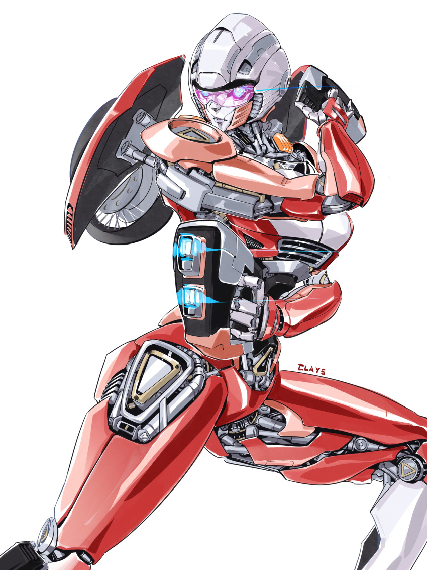 1girl absurdres arcee artist_name autobot blue_eyes breasts clays_(clayschan) dual_wielding eye_trail gun highres holding holding_gun holding_weapon light_trail looking_ahead mecha medium_breasts robot science_fiction shadow solo transformers transformers:_rise_of_the_beasts transformers_(live_action) weapon white_background