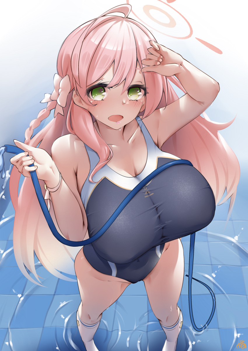 1girl blue_archive bow bowtie braid breasts cleavage collarbone covered_nipples from_above green_eyes hair_between_eyes halo hanako_(blue_archive) highres holding holding_hands holding_hose hose keyfanjun kneehighs large_breasts long_hair looking_at_viewer one-piece_swimsuit open_mouth pink_hair pool smile socks solo swimsuit very_long_hair water