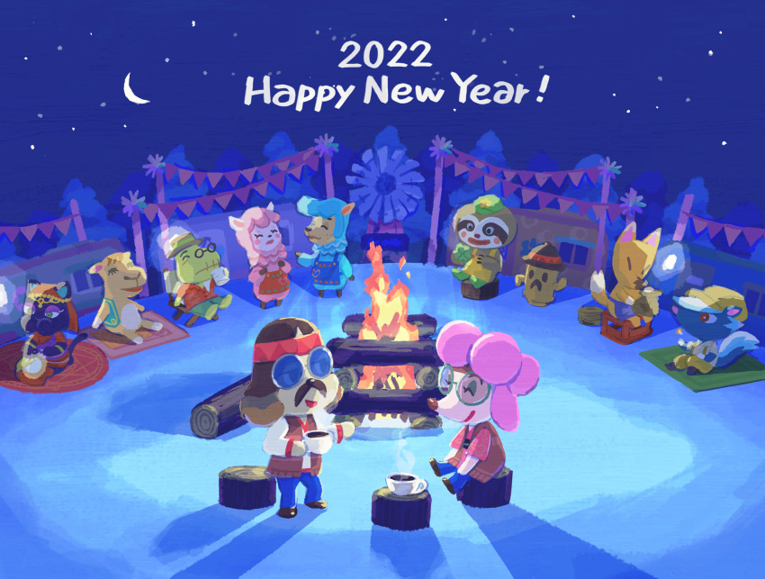 2022 4girls 6+boys alpaca alpaca_ears animal_crossing animal_ears animal_hands apron artist_request black_headwear black_panther blue_apron blue_pants blush boots brown_footwear brown_headwear brown_jacket buttons camel camel_ears claws closed_eyes clover crescent cup cyrus_(animal_crossing) dog dog_ears examination eyelashes eyeshadow facial_hair fire fox fox_ears fox_tail freckles furry furry_female furry_male furry_with_furry glasses green_eyes green_eyeshadow green_footwear green_jacket gyroid_(animal_crossing) hand_up hands_up happy_new_year harriet_(animal_crossing) harvey_(animal_crossing) hat headband heart highres holding holding_clover holding_cup hooves jacket katrina_(animal_crossing) kicks_(animal_crossing) leif_(animal_crossing) lloid log long_sleeves looking_at_another looking_at_object looking_down looking_up maid_apron makeup moon multiple_boys multiple_girls mustache new_year night night_sky nintendo no_mouth official_art open_clothes open_jacket open_mouth outdoors panther_ears panther_tail pants poodle red_apron red_headband redd_(animal_crossing) reese_(animal_crossing) round_eyewear rug saharah_(animal_crossing) shirt shoes short_sleeves sitting skunk skunk_ears skunk_tail sky sleeveless sloth_(animal) smile standing star_(sky) starry_sky stream tail talking tortimer_(animal_crossing) tortoise trailer turtle yellow_apron