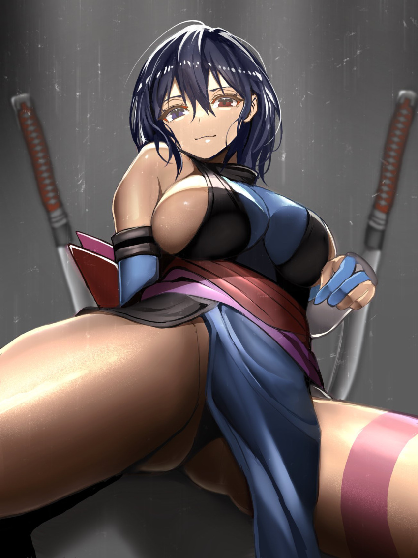 1girl ass_visible_through_thighs bare_shoulders blue_eyes blue_gloves blue_hair blue_kimono blue_panties breasts closed_mouth elbow_gloves from_behind gloves grey_background highres japanese_clothes kimono leg_tattoo looking_at_viewer obi panties partially_fingerless_gloves pelvic_curtain planted planted_sword rain red_eyes rokuba samurai_spirits sash shiki_(samurai_spirits) short_hair short_sword sideboob smile solo sword tantou tattoo underwear weapon wet wet_hair