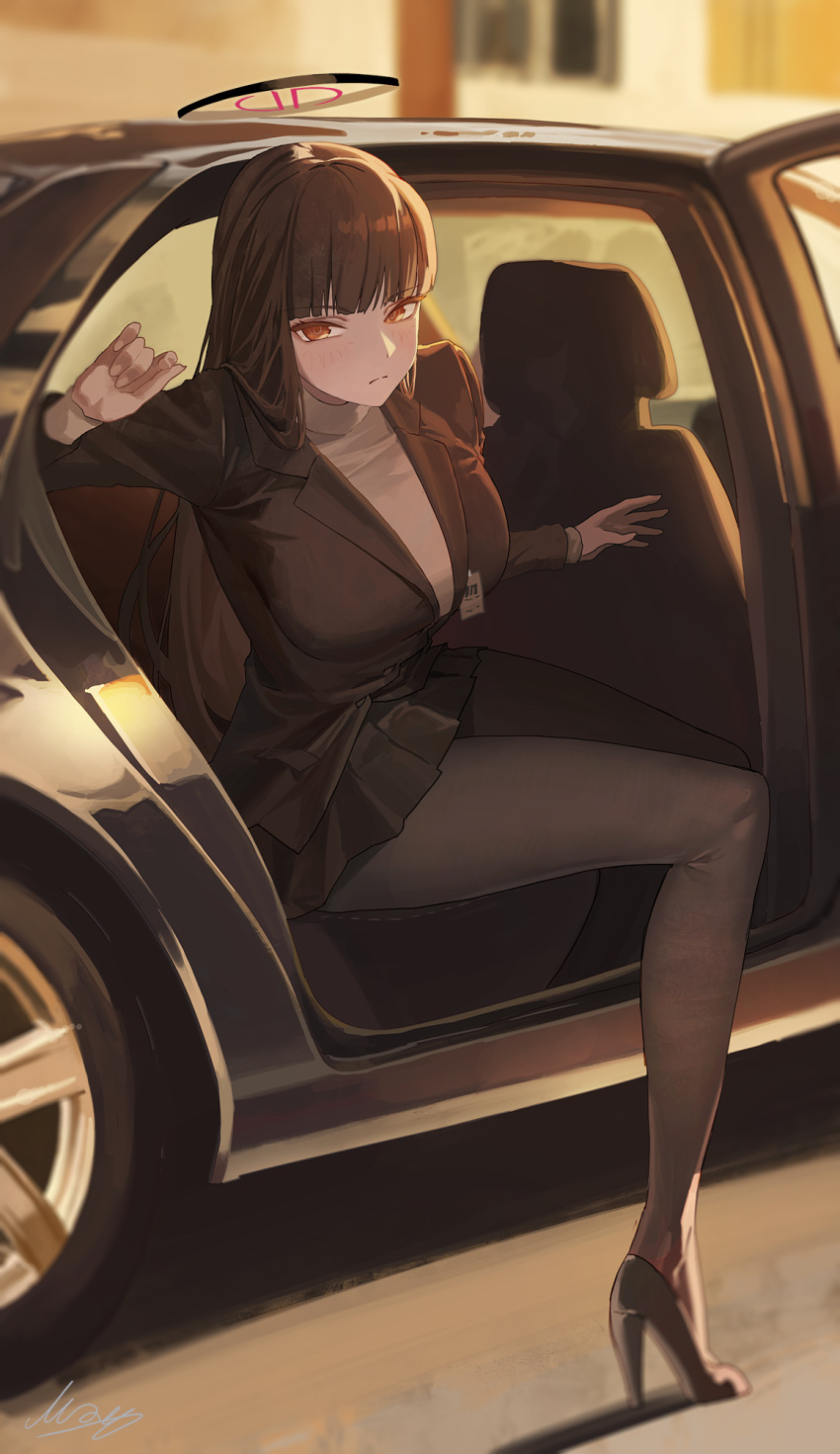 1girl black_coat black_hair blue_archive car coat halo highres limousine m.q_(mqkyrie) motor_vehicle red_eyes rio_(blue_archive) solo sweater thighhighs white_sweater