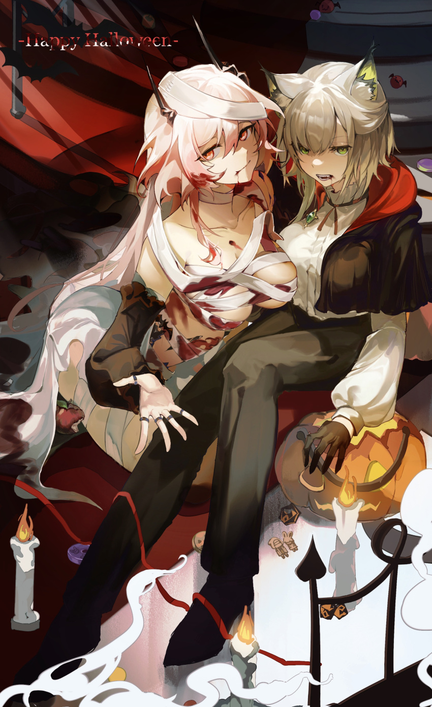 2girls absurdres alternate_costume animal_ear_fluff animal_ears arknights bandages bare_shoulders black_capelet black_gloves black_pants blood blood_from_mouth blood_in_hair blood_on_bandages blood_on_breasts breasts candle capelet cat_ears cleavage closed_mouth collarbone detached_sleeves gloves green_eyes grey_hair happy_halloween highres horns jack-o'-lantern jewelry kal'tsit_(arknights) large_breasts leaning_forward long_hair long_sleeves looking_at_viewer multiple_girls multiple_rings naked_bandage on_floor open_mouth oripathy_lesion_(arknights) pants pink_hair red_eyes ring shirt short_hair sitting smile tabayashi theresa_(arknights) v-shaped_eyebrows very_long_hair white_shirt