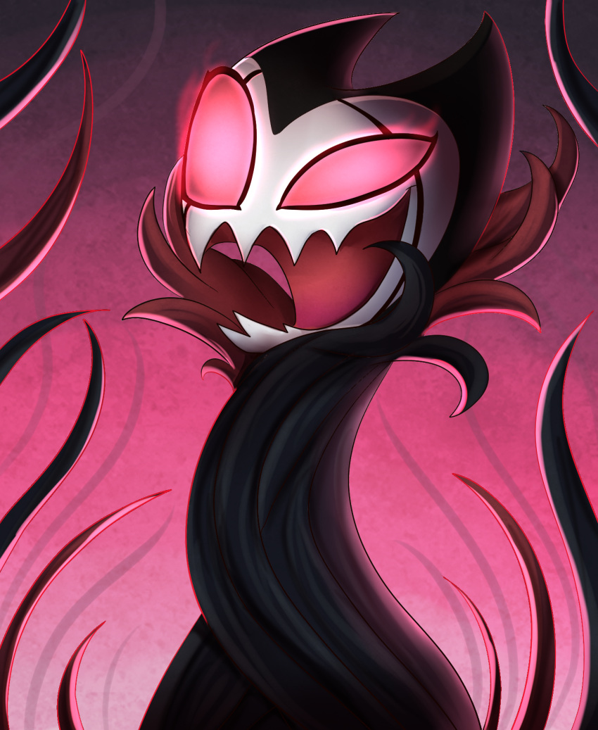 2018 ambiguous_form ambiguous_gender arthropod big_eyes black_cloak black_tentacles clothed clothing glowing glowing_eyes gradient_background grimm_(hollow_knight) hi_res hollow_knight horn insect invader_zim jagged_mouth laugh long_mouth nickelodeon open_mouth open_smile pink_background pink_eyes pink_glow pridark simple_background smile solo style_parody team_cherry tentacle_clothing tentacles