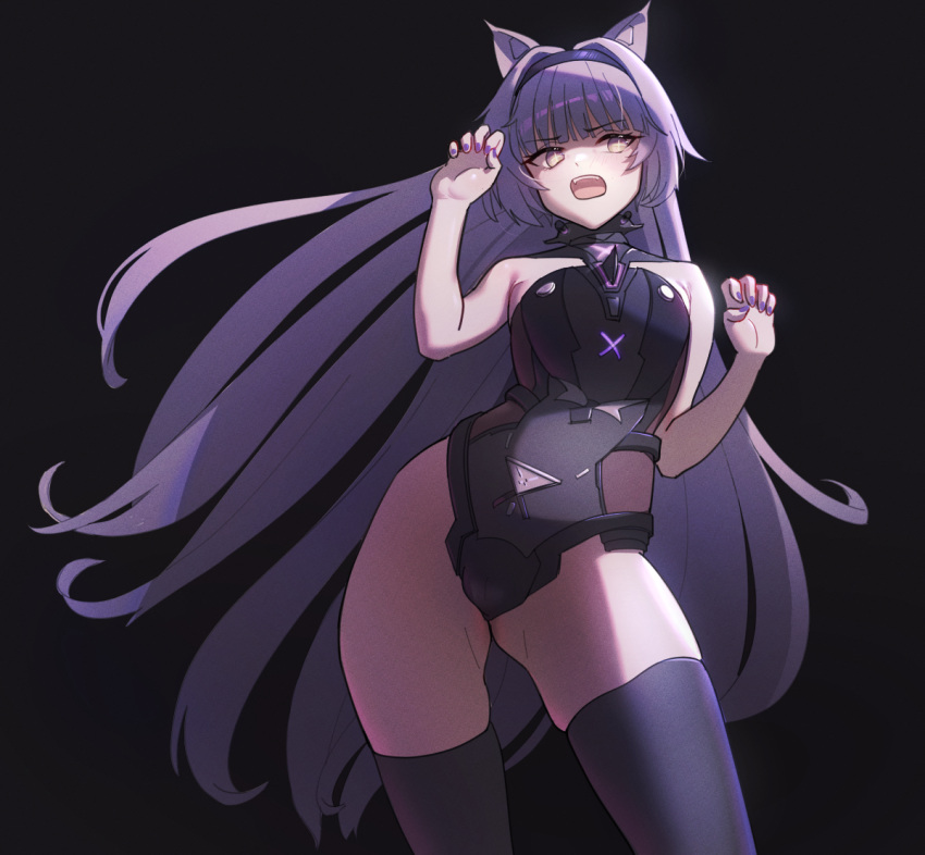 1girl animal_ears bare_arms bare_shoulders black_background black_bodysuit black_hairband black_thighhighs bodysuit collar cross-shaped_pupils from_below grey_hair grey_nails hair_intakes hairband long_hair mechanical_ears no.21:_feral_scent_(punishing:_gray_raven) no.21_(punishing:_gray_raven) nyanom open_mouth paw_pose punishing:_gray_raven sidelocks solo symbol-shaped_pupils teeth thighhighs upper_teeth_only very_long_hair wolf_ears yellow_eyes