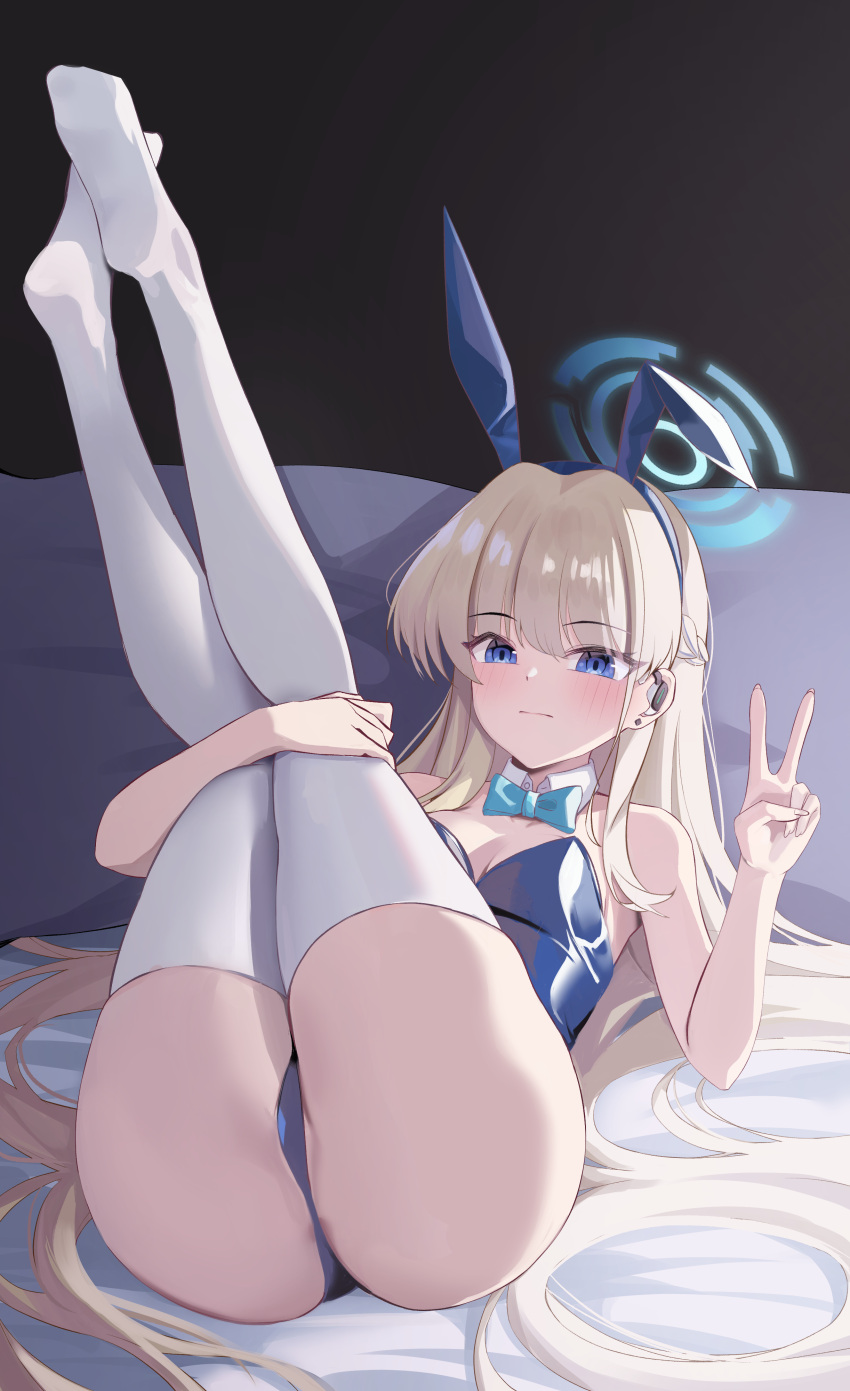 1girl absurdres animal_ears anus anus_peek ass bare_shoulders bed_sheet blonde_hair blue_archive blue_bow blue_eyes blue_hairband blue_leotard blush bow bowtie braid breasts closed_mouth detached_collar fake_animal_ears full_body hairband halo highleg highleg_leotard highres legs_up leotard long_hair lying mau_(akdntm3158) no_panties official_alternate_costume official_alternate_hairstyle on_back pillow playboy_bunny rabbit_ears skindentation small_breasts solo thighhighs thighs toki_(blue_archive) toki_(bunny)_(blue_archive) v very_long_hair white_thighhighs wrist_cuffs