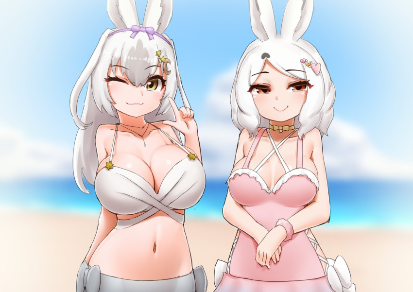 2girls ;) animal_ears arctic_hare_(kemono_friends) arm_behind_back beach bikini black_hair blurry blurry_background bow bow_choker bow_hairband breasts choker cleavage closed_mouth collarbone crescent crescent_hair_ornament day double-parted_bangs grey_hair hair_ornament hairband half-closed_eyes hand_up heart heart_hair_ornament highres horizon jewelry kemono_friends kemono_friends_3 large_breasts long_hair looking_at_viewer medium_breasts multicolored_hair multiple_girls navel ocean official_alternate_hairstyle one-piece_swimsuit one_eye_closed outdoors own_hands_together parted_bangs pendant pink_one-piece_swimsuit rabbit_ears red_eyes sand side-by-side smile snowshoe_hare_(kemono_friends) stomach strap_gap swimsuit two-tone_hair upper_body v white_bikini white_hair yellow_eyes yonkuron