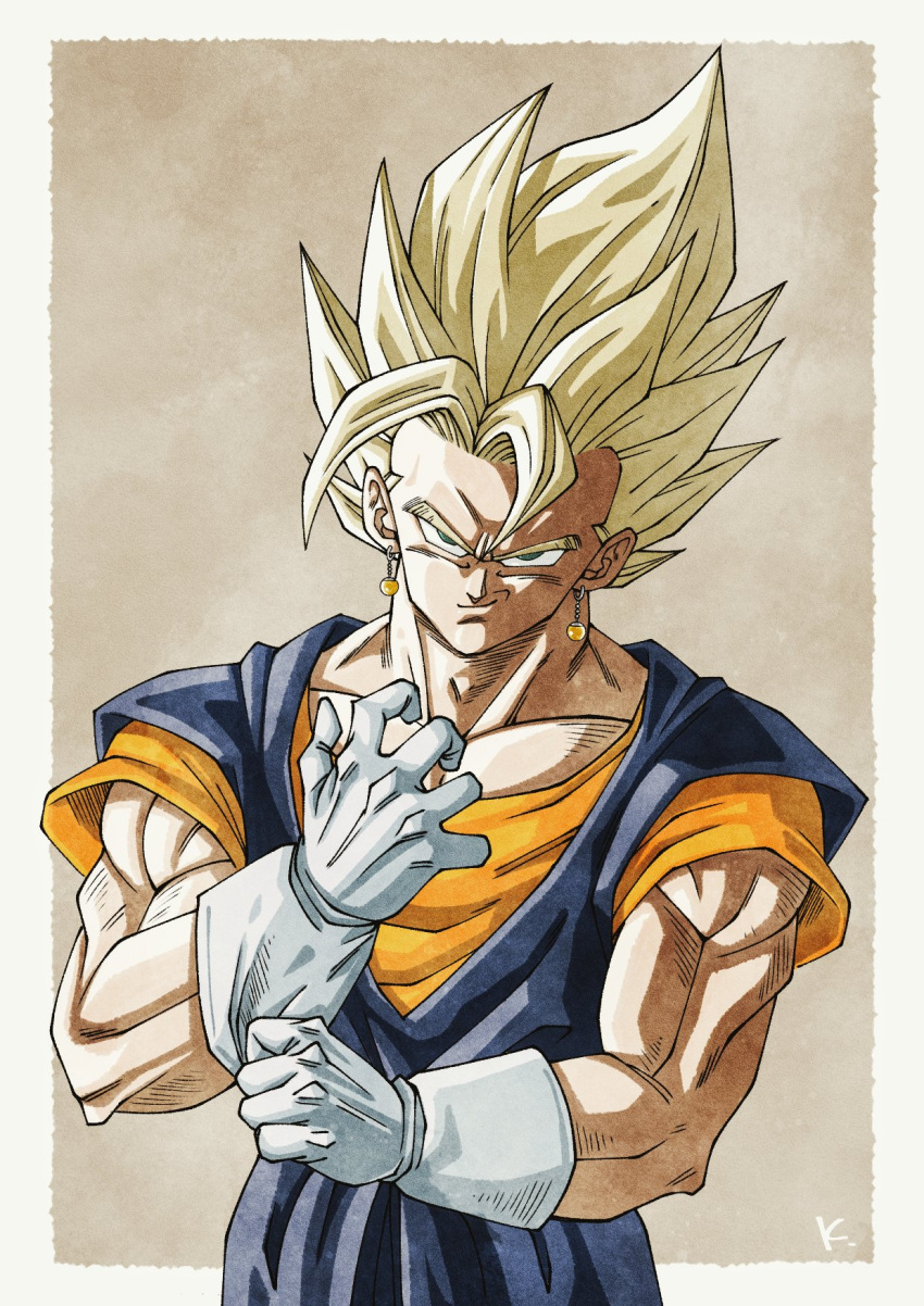 1boy blonde_hair blue_jumpsuit dragon_ball dragon_ball_z earrings gloves green_eyes highres jewelry jumpsuit kakeru_(dbskakeru) looking_at_viewer male_focus orange_shirt shirt simple_background sleeveless solo spiked_hair super_saiyan super_saiyan_1 toriyama_akira_(style) upper_body vegetto white_gloves