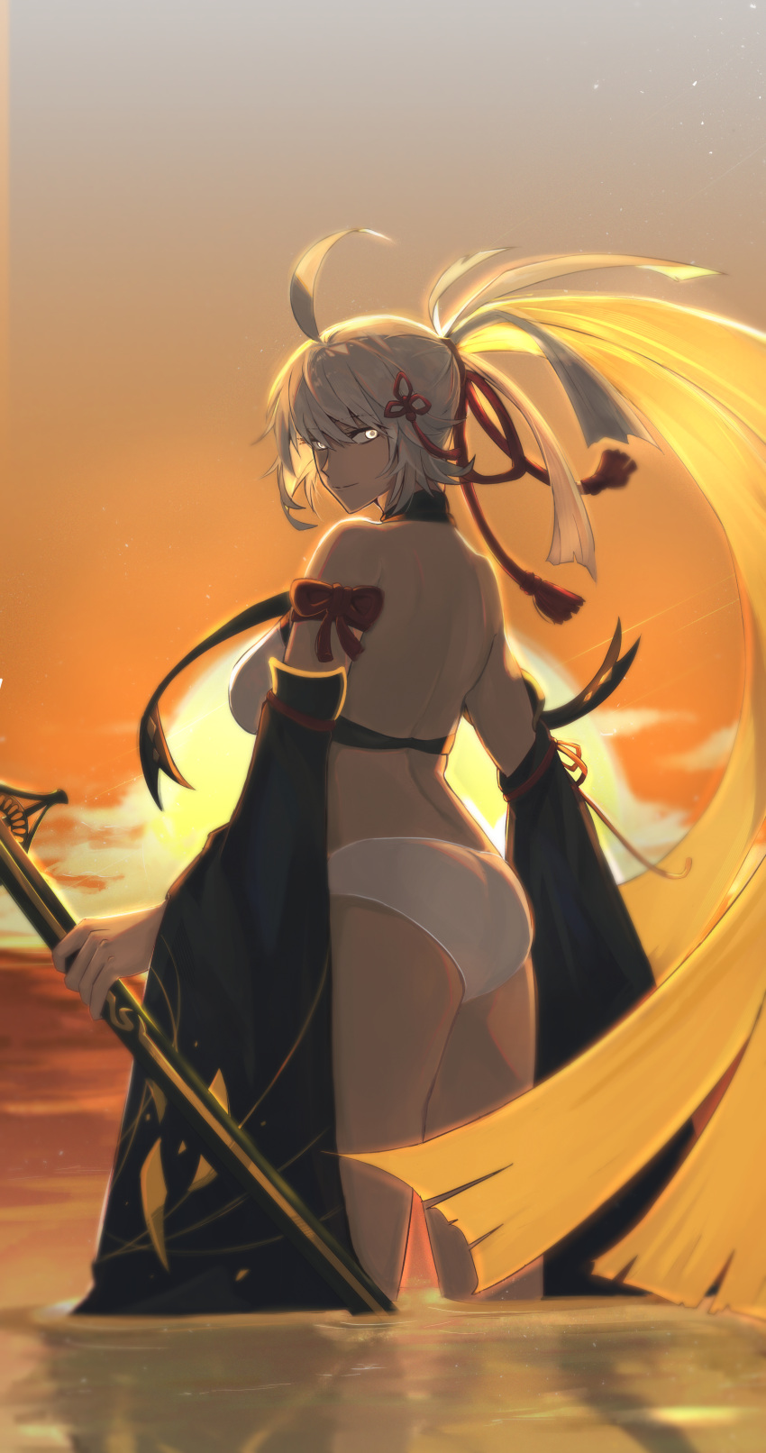 1girl absurdres ahoge bikini breasts dark-skinned_female dark_skin detached_sleeves fate/grand_order fate_(series) from_behind highres holding holding_sword holding_weapon huge_ahoge large_breasts long_hair looking_back ocean okita_souji_(fate) okita_souji_alter_(fate) okita_souji_alter_(swimsuit_saber)_(fate) sunset swimsuit sword taku_(takuqx) very_long_hair wading weapon white_bikini white_eyes white_hair wide_sleeves