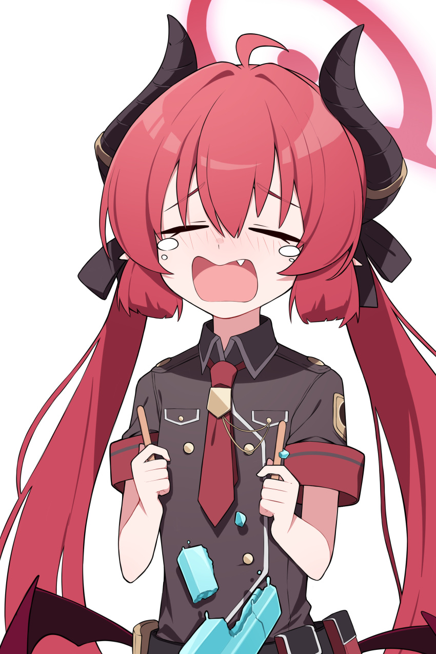 1girl absurdres black_horns blue_archive blush commentary_request crying fang food halo highres horns junko_(blue_archive) long_hair low_wings mmhomm necktie open_mouth popsicle red_hair red_halo red_necktie short_sleeves simple_background solo tears twintails white_background wings