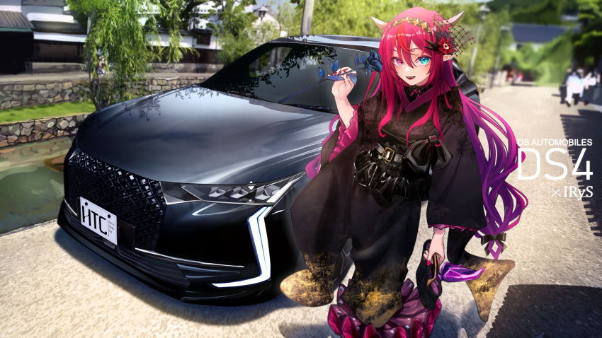 1girl black_kimono blue_eyes building car day ds_(brand) flower gradient_hair hairband heterochromia highres holding holding_flower hololive hololive_english horns irys_(hololive) japanese_clothes kimono motor_vehicle multicolored_hair outdoors photo_background pink_eyes purple_hair red_hair virtual_youtuber you'a yukata