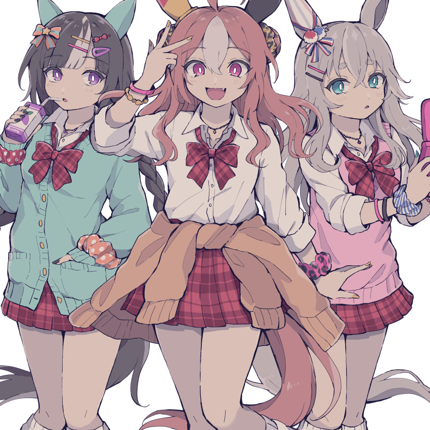 3girls ? ahoge alternate_costume animal_ears beret blue_cardigan blue_eyes blunt_bangs blush bow bowtie brace bracelet braid brown_hair cardigan cellphone collared_shirt copano_rickey_(umamusume) cowboy_shot drink ear_bow fang feet_out_of_frame flip_phone grey_hair gyaru hair_ornament hairclip hand_in_pocket hat heart highres hokko_tarumae_(umamusume) holding holding_drink horse_ears horse_girl horse_tail jewelry leg_warmers long_hair long_sleeves looking_at_viewer loose_bowtie loose_socks multicolored_hair multiple_girls necklace open_mouth orange_scrunchie phone pink_eyes pink_vest plaid plaid_bow plaid_bowtie plaid_skirt pleated_skirt purple_eyes red_bow red_bowtie red_skirt rjsn sailor_hat scrunchie shirt simple_background skirt smile socks spoken_question_mark tail twin_braids umamusume vest white_background white_hair white_headwear white_shirt white_socks wonder_acute_(umamusume) wrist_scrunchie