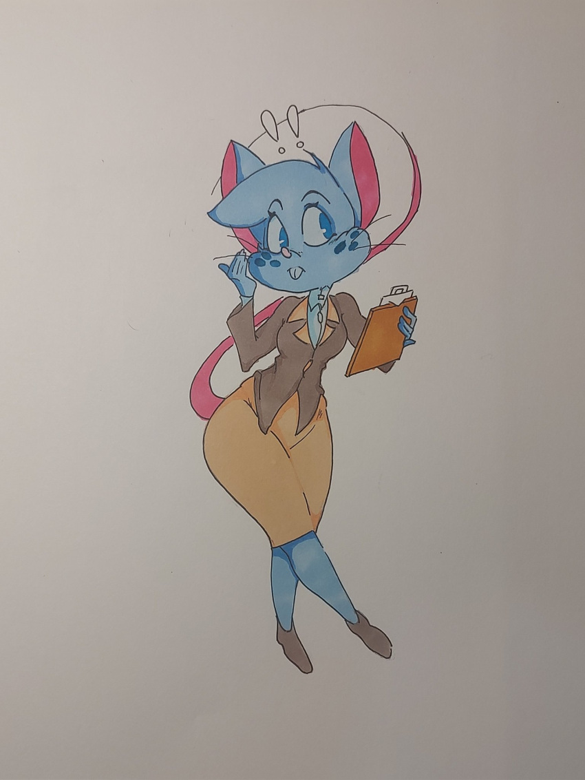 2023 anthro biped blue_body blue_eyes blue_fur blue_hair bottomwear buckteeth clothed clothed_anthro clothed_female clothing colored female female_anthro freckles fur hair hi_res mammal mia_mouse mouse murid murine nonii_(artist) pen_(artwork) rodent solo tail teeth topwear traditional_media_(artwork) whiskers