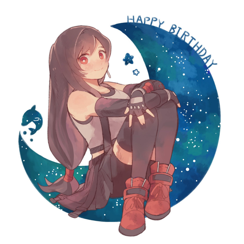 1girl arm_guards bare_shoulders bike_shorts_under_skirt birthday black_gloves black_hair black_skirt black_sports_bra black_thighhighs blush boots breasts brown_hair closed_mouth crescent_moon crop_top dolphin earrings elbow_gloves final_fantasy final_fantasy_vii final_fantasy_vii_remake fingerless_gloves full_body gloves happy_birthday highres jewelry knees_up long_hair looking_at_viewer low-tied_long_hair medium_breasts moon night night_sky red_eyes red_footwear single_earring sitting skirt sky smile solo sports_bra star_(sky) star_(symbol) starry_sky suspender_skirt suspenders swept_bangs tank_top tasituma2 teardrop_earring thighhighs tifa_lockhart white_background white_tank_top