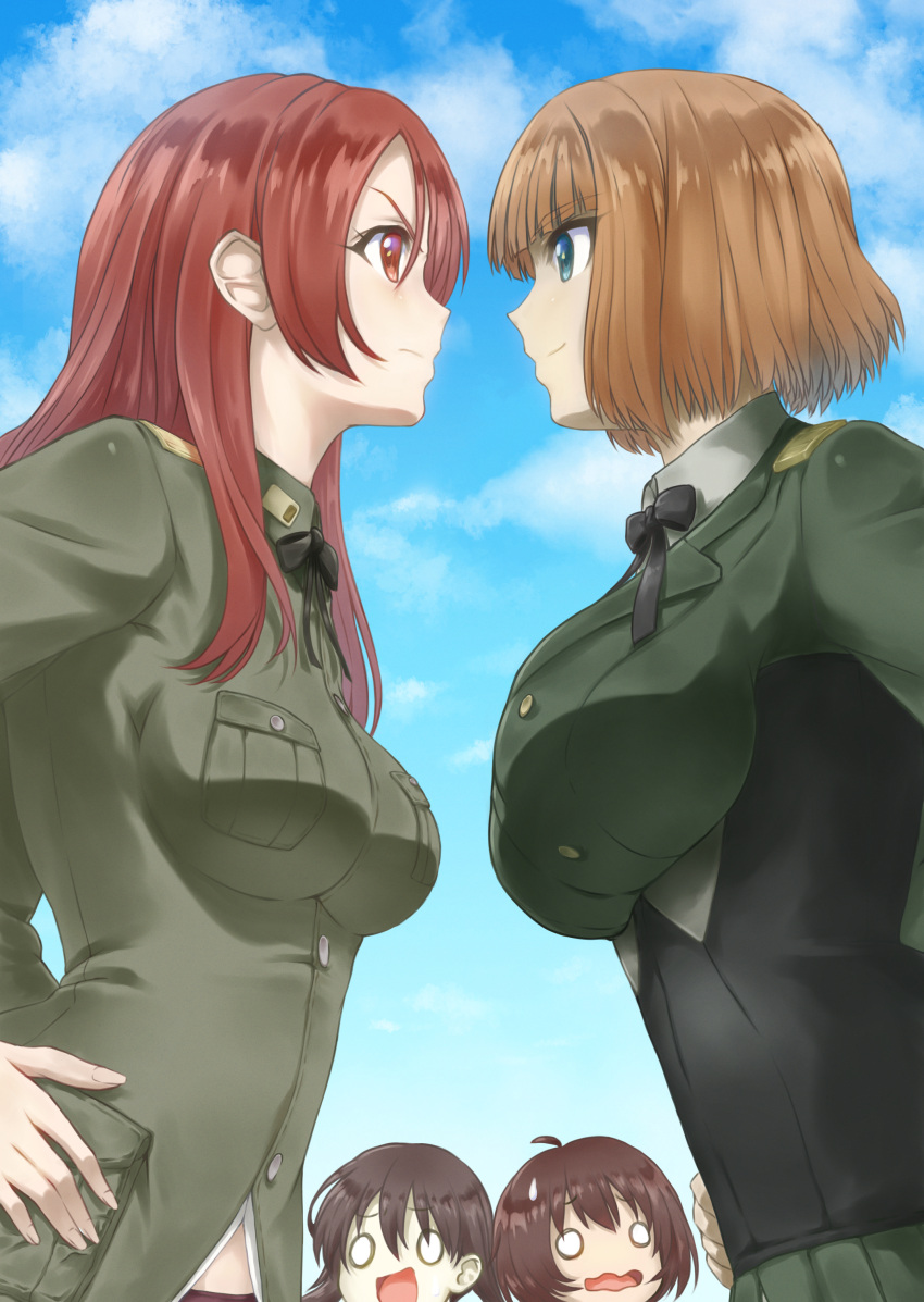 4girls absurdres blue_eyes blush bob_cut brave_witches breasts brown_hair closed_mouth cloud cloudy_sky gundula_rall hand_on_hip highres karibuchi_hikari large_breasts long_hair looking_at_another memory_(prophet5) military military_uniform minna-dietlinde_wilcke miyafuji_yoshika multiple_girls open_mouth outdoors red_eyes red_hair short_hair sky smile strike_witches sweatdrop uniform world_witches_series yuri