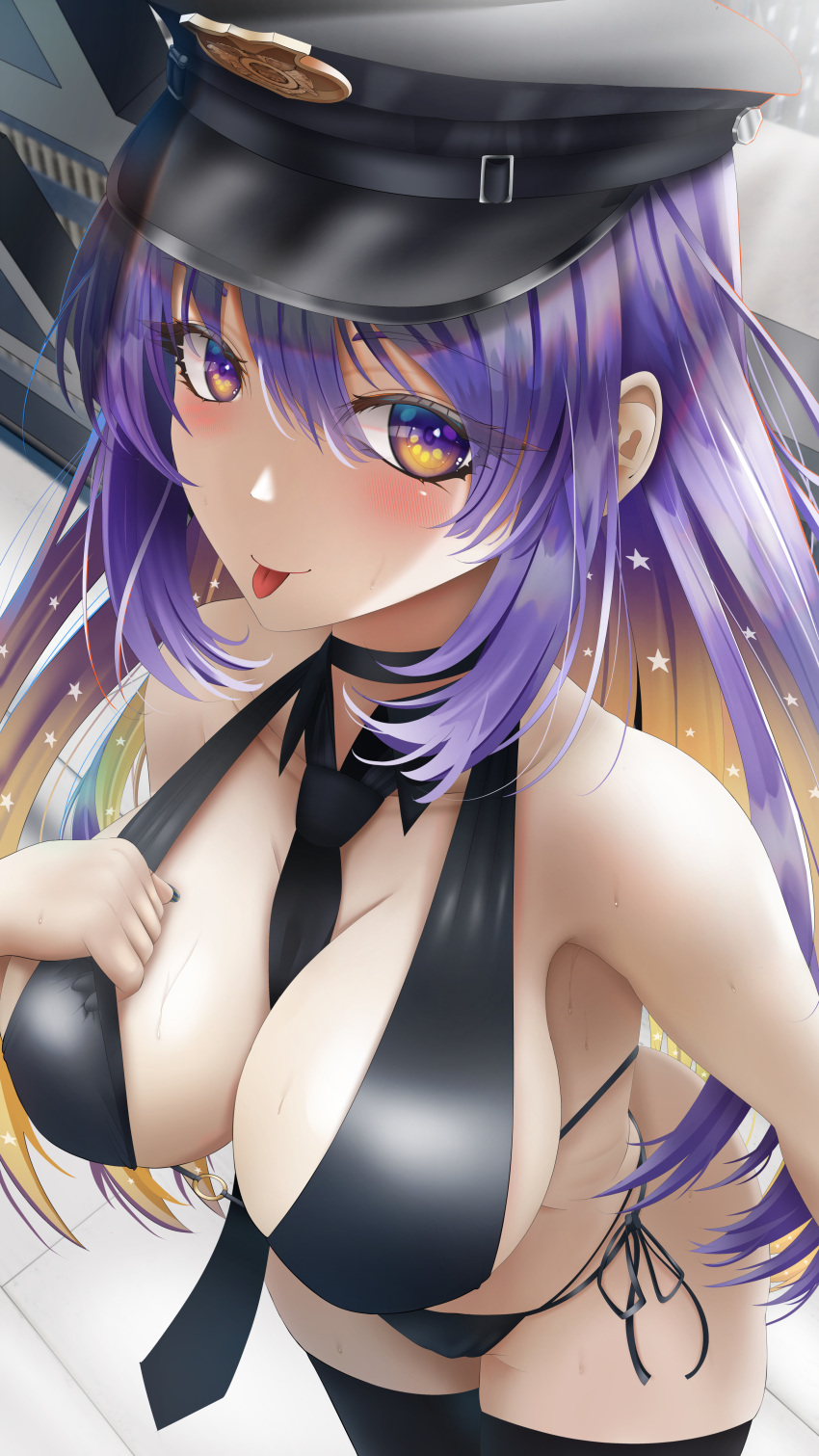 1girl absurdres between_breasts bikini black_bikini black_headwear black_necktie black_thighhighs blonde_hair bloodyblack breasts gradient_eyes hat highres hololive hololive_indonesia large_breasts moona_hoshinova multicolored_eyes necktie necktie_between_breasts police_hat purple_eyes side-tie_bikini_bottom sidelocks smile starry_hair swimsuit thighhighs tongue tongue_out virtual_youtuber yellow_eyes