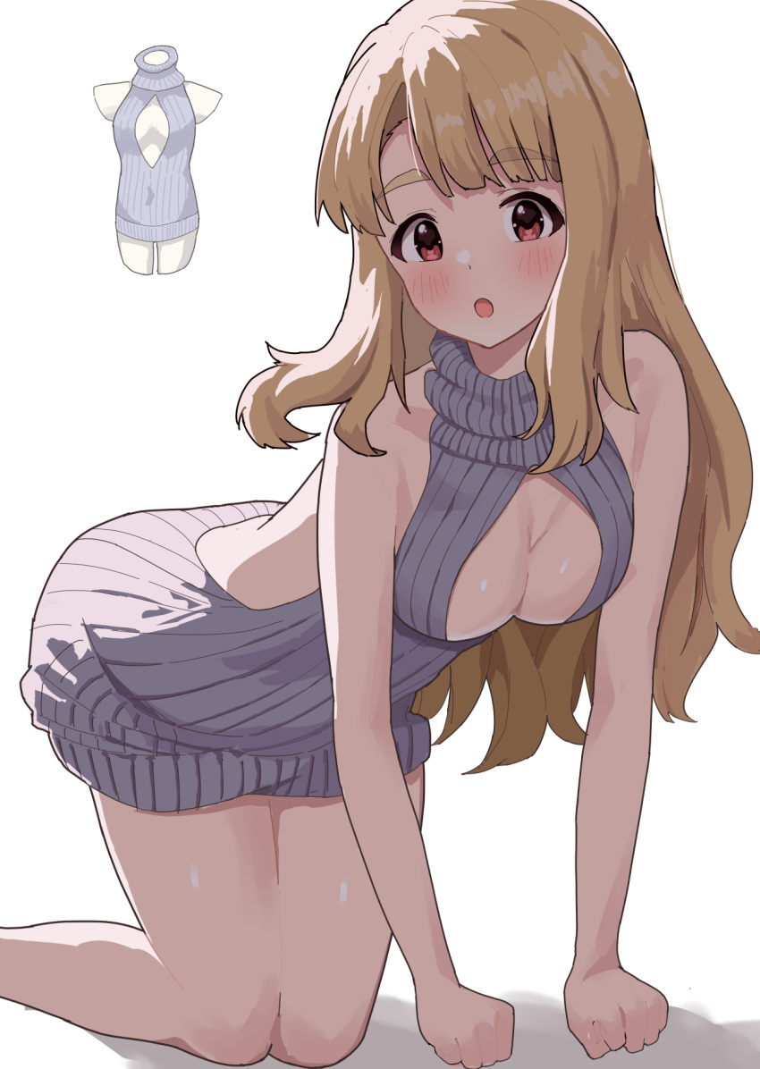 all_fours alternate_costume backless_outfit bare_legs blush breasts brown_hair cleavage cleavage_cutout clenched_hands clothing_cutout ebifu feet_out_of_frame grey_sweater highres idolmaster idolmaster_million_live! long_hair medium_breasts meme_attire miyao_miya ribbed_sweater simple_background sleeveless sleeveless_sweater straight_hair sweater very_long_hair virgin_killer_sweater white_background
