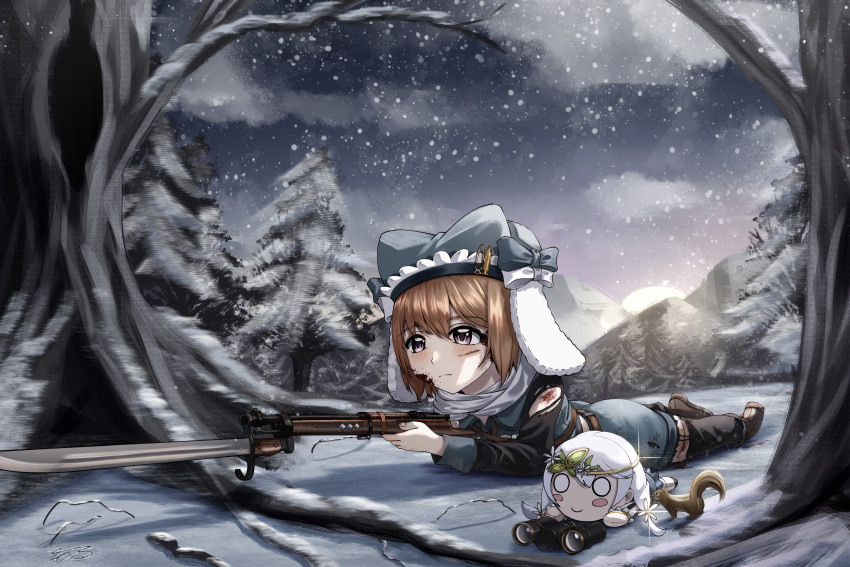 2_ru absurdres aiming aoba_chika binoculars forest fur_hat gun hat highres holding magia_record:_mahou_shoujo_madoka_magica_gaiden mahou_shoujo_madoka_magica miura_asahi nature nesoberi snow squirrel ushanka weapon winter