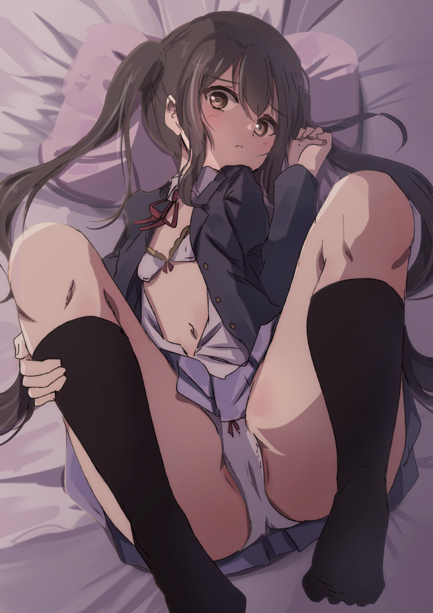 1girl :&lt; ass bed_sheet black_hair black_jacket black_socks blazer blue_skirt blush bow bow_panties bowtie bra breasts brown_eyes cameltoe closed_mouth commentary curled_fingers dress_shirt embarrassed from_above frown full_body hair_between_eyes hand_on_own_leg hand_up highres jacket k-on! kneehighs knees_up lace-trimmed_bra lace_trim light_frown long_hair long_sleeves looking_at_viewer looking_up lying m_legs midriff nakano_azusa natsume_suzuri navel neck_ribbon on_back on_bed open_clothes open_jacket open_shirt panties partially_visible_vulva pillow pleated_skirt raised_eyebrows red_bow red_bowtie red_ribbon ribbon sakuragaoka_high_school_uniform school_uniform shirt single_sidelock skirt small_breasts socks solo spread_legs turning_head twintails underwear very_long_hair white_bra white_panties white_shirt