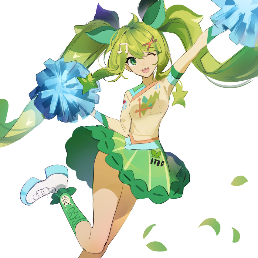 1girl absurdres cheerleader ershuihe grass_miku_(project_voltage) green_eyes green_hair green_skirt green_socks hair_ornament hair_ribbon hatsune_miku highres leg_up long_hair musical_note musical_note_hair_ornament one_eye_closed open_mouth pokemon pom_pom_(cheerleading) project_voltage ribbon shoes sidelocks skirt socks solo twintails very_long_hair vocaloid white_footwear x_hair_ornament