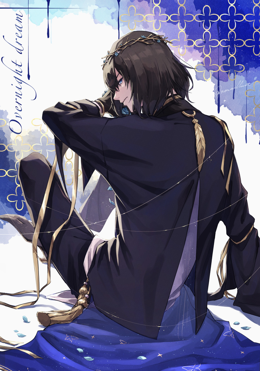 1boy absurdres alternate_costume black_hair black_jacket black_pantyhose blue_eyes crown english_text fate/grand_order fate_(series) from_behind full_body head_wreath highres indian_style jacket long_sleeves looking_at_viewer looking_back male_focus medium_hair no_wings noraillust oberon_(fate) oberon_(third_ascension)_(fate) pantyhose profile shirt sitting solo white_shirt
