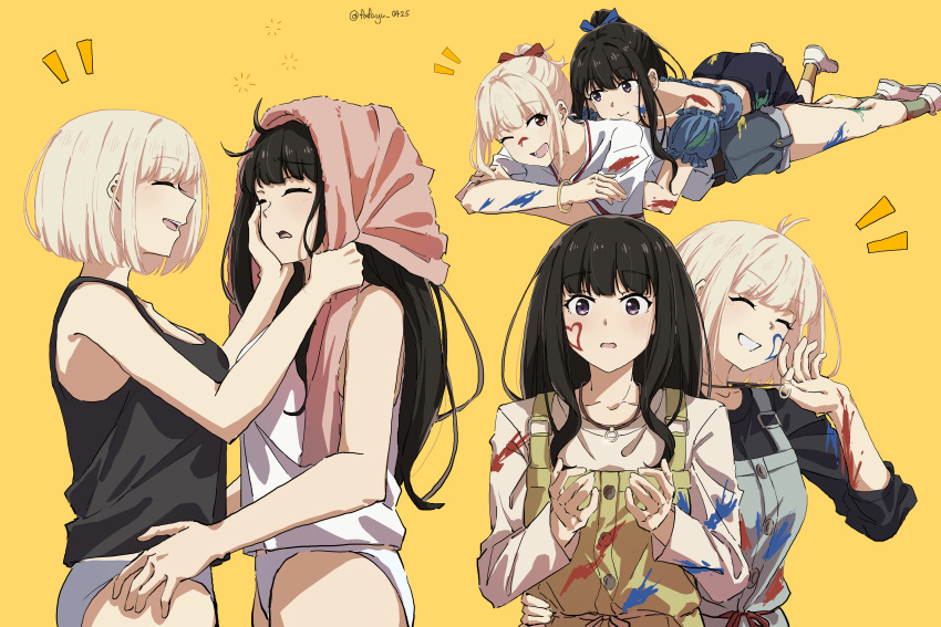 2girls absurdres alternate_hairstyle apron black_hair black_tank_top blonde_hair blue_shorts blush bob_cut bracelet breasts cleavage closed_eyes commentary couple drying drying_hair english_commentary fafayu hair_ribbon hand_on_another's_waist heart highres hug hug_from_behind inoue_takina jewelry large_breasts long_hair looking_at_another lycoris_recoil lying medium_breasts multiple_girls multiple_views nishikigi_chisato no_pants on_stomach one_eye_closed one_side_up open_mouth overalls paint_on_clothes paint_splatter panties pink_towel ponytail pout purple_eyes red_eyes red_ribbon ribbon shirt shoes short_hair shorts sidelocks simple_background sleepy smile sneakers stained_clothes t-shirt tank_top teeth towel towel_on_head twitter_username underwear upper_teeth_only white_panties white_tank_top yellow_background yuri