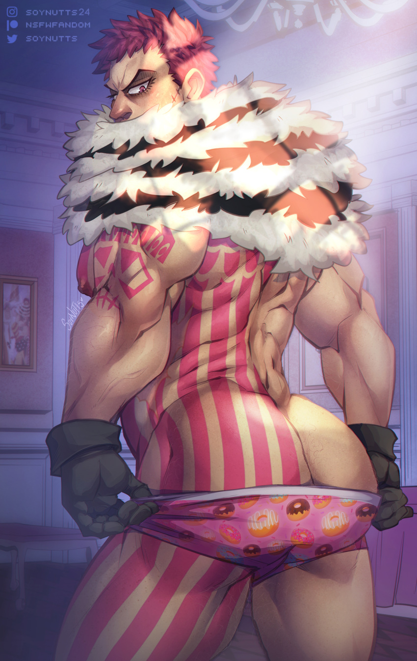 1boy arm_tattoo artist_name ass ass_tattoo bara biceps briefs charlotte_katakuri gloves highres huge_ass light looking_back male_focus male_underwear manly mature_male muscular muscular_male nipples one_piece pectorals pink_eyes pink_hair scar short_hair signature solo soynutts spiked_hair tattoo thick_arms thick_thighs thighs underwear