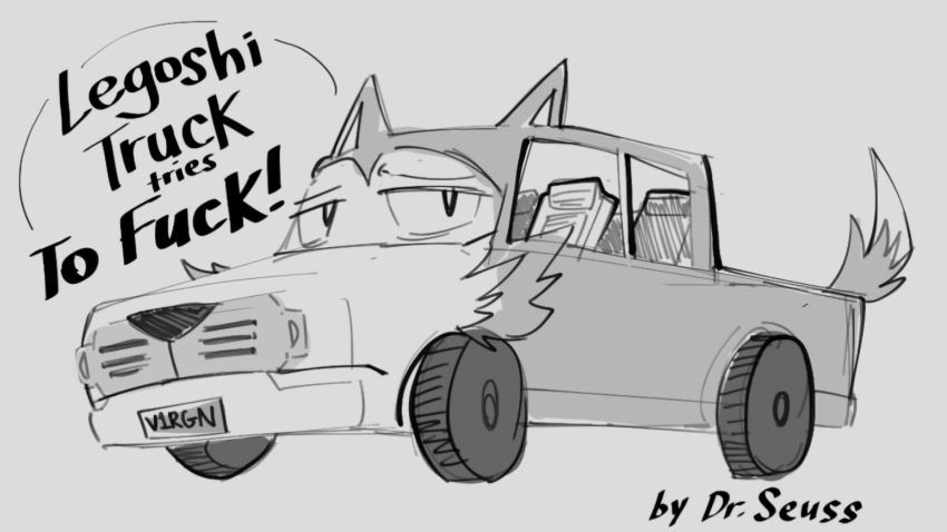 alternate_species ambiguous_gender beastars black_nose canid canine canis drawfee english_text eyebrows fur fur_markings hybrid karina_farek legoshi_(beastars) living_machine living_vehicle machine mammal markings prick_ears solo tail text tire truck_(vehicle) vehicle what wolf