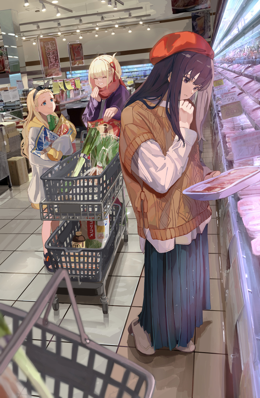 3girls ^_^ absurdres basket beret black_hair black_ribbon blonde_hair blue_dress blue_eyes blurry blurry_foreground boots bow_hairband brown_sweater_vest ceiling_light closed_eyes coat commentary_request dress food forehead groceries hair_ribbon hairband hat highres holding holding_food hood hoodie indoors inoue_takina kurumi_(lycoris_recoil) laughing long_hair long_sleeves looking_at_another lycoris_recoil meat multiple_girls nishikigi_chisato photo_background pleated_dress purple_coat purple_eyes reading red_headwear red_ribbon red_scarf ribbon sandals scarf shirasuke_0822 shop shopping_cart short_hair sleeves_past_fingers sleeves_past_wrists smile smug soy_sauce_bottle spring_onion supermarket sweater_vest white_hoodie yellow_hood