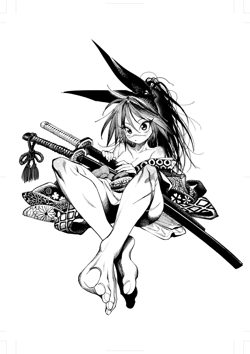 1girl absurdres bare_shoulders barefoot breasts cleavage collarbone commentary_request convenient_leg crossed_legs eyelashes feet floral_print foreshortening full_body greyscale hair_between_eyes hair_ribbon highres isekai_samurai japanese_clothes katana kimono legs long_hair looking_at_viewer medium_breasts monochrome off_shoulder on_ground ribbon saitou1218 sheath sheathed simple_background sitting solo sword toenails toes tsukitsuba_ginko weapon