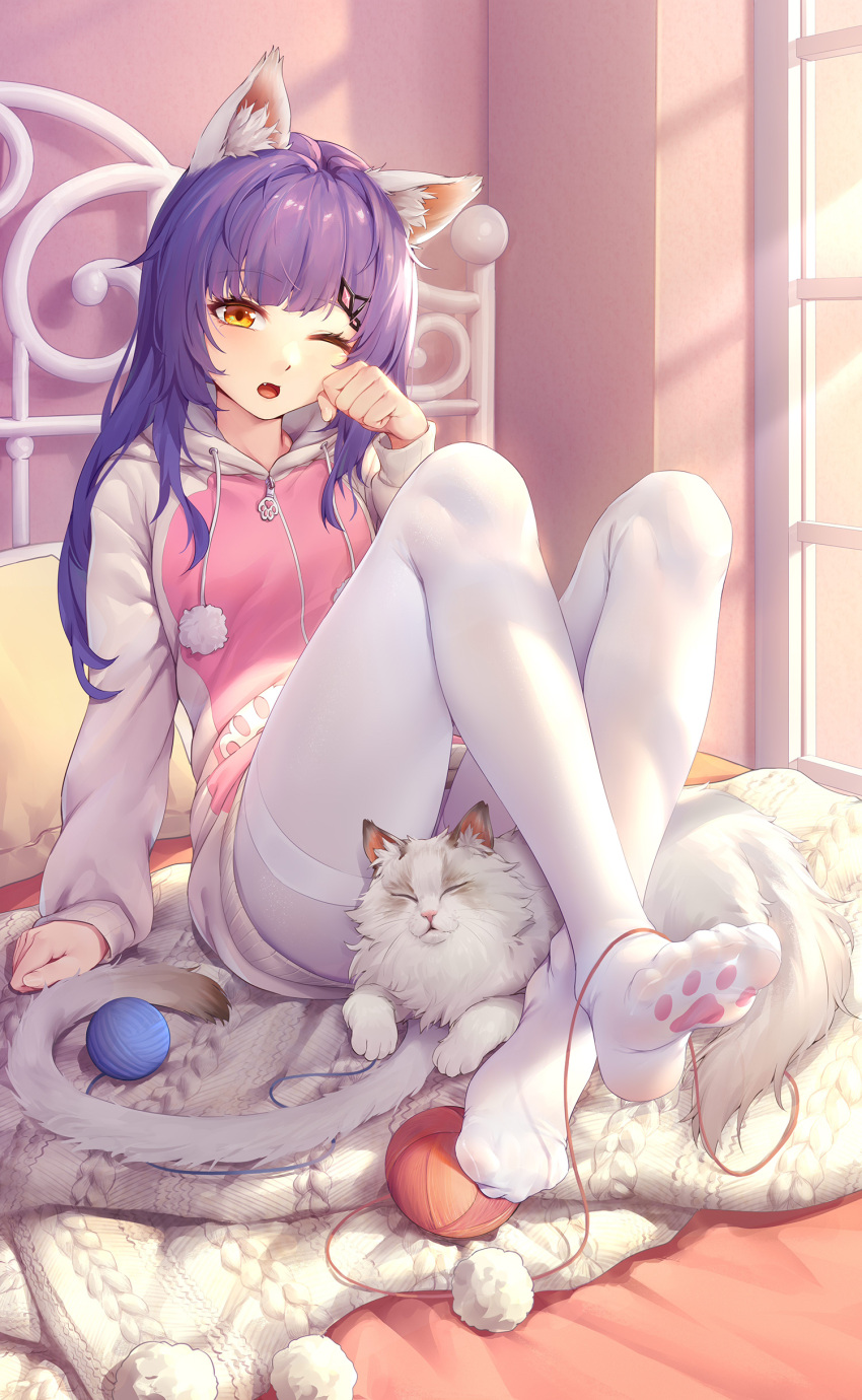 1girl absurdres animal_ears bedroom cat cat_ears cat_tail crazy_ones fake_animal_ears fake_tail fang highres hood hooded_jacket jacket long_hair multicolored_clothes multicolored_jacket official_art on_bed one_eye_closed open_mouth pantyhose pillow pink_jacket purple_hair qianye_zhizi sitting sunlight tail white_jacket white_pantyhose window yellow_eyes
