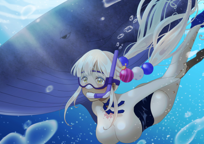 1girl absurdres adapted_costume blonde_hair bodysuit breasts commentary_request commission dark-skinned_female dark_skin diving_mask flippers freediving goggles hair_ornament highres hololive hololive_english large_breasts light_brown_hair long_hair partial_commentary planet_hair_ornament pukonuu single_leg_bodysuit skeb_commission skin_tight snorkel solo tsukumo_sana tsukumo_sana_(1st_costume) twintails underwater very_long_hair virtual_youtuber wetsuit whale yellow_eyes