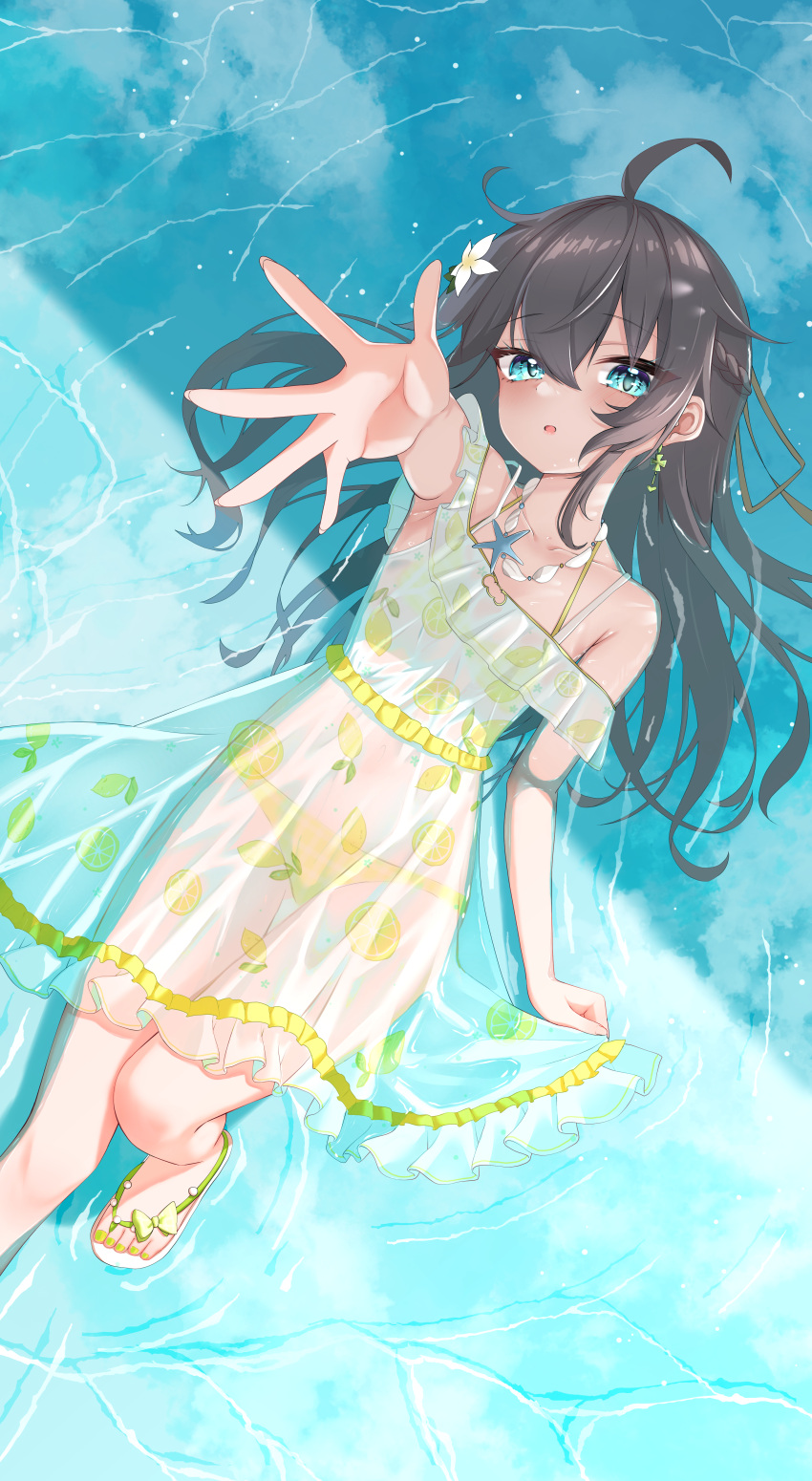 1girl absurdres ahoge bikini bikini_under_clothes blue_eyes breasts brown_hair dress earrings flower hair_flower hair_ornament highres hololive jewelry lemon_print long_hair looking_at_viewer nail_polish natsuiro_matsuri outstretched_hand see-through see-through_dress single_earring small_breasts solo swimsuit toenail_polish toenails virtual_youtuber water white_dress yellow_bikini yellow_nails yoshie_eneko