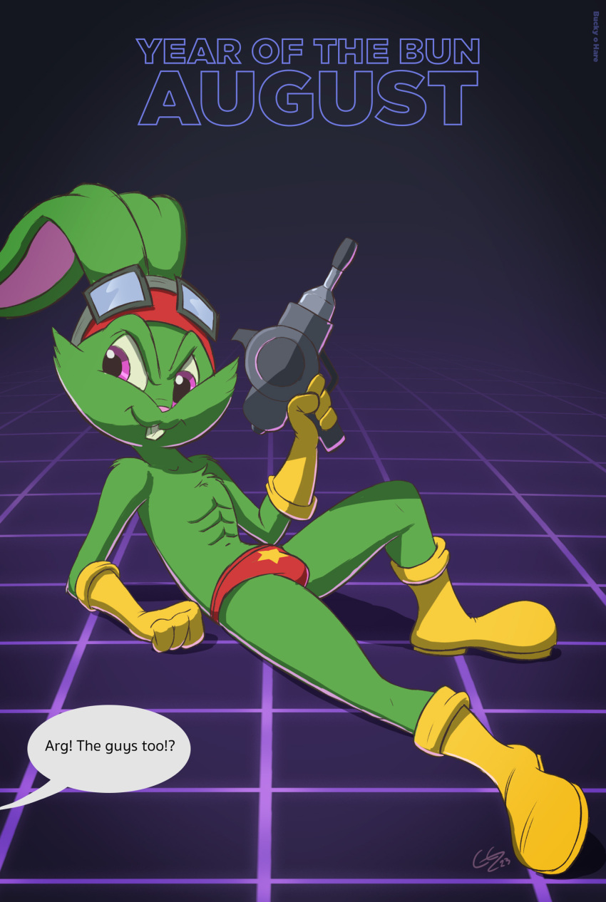 2023 abs acornart anthro biped boots buckteeth bucky_o'hare bucky_o'hare_(series) cheek_tuft chest_tuft clothed clothing dialogue english_text eyewear eyewear_on_head facial_tuft floppy_ears footwear gloves goggles goggles_on_head green_body gun handwear hi_res holding_gun holding_object holding_weapon lagomorph leporid looking_aside male mammal navel offscreen_character partially_clothed pink_nose pinup ponytail_ears pose rabbit ranged_weapon reclining red_clothing red_speedo red_swimwear solo speech_bubble speedo swimwear teeth text tuft weapon yellow_boots yellow_clothing yellow_footwear yellow_gloves yellow_handwear