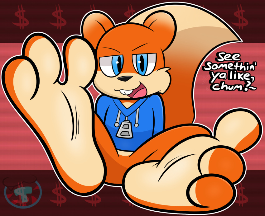3_toes barefoot blue_eyes bottomless buckteeth clothed clothing conker conker's_bad_fur_day countershade_feet countershading feet foot_fetish foot_focus fur hi_res hindpaw jacket male mammal mintytempest orange_body orange_fur paws presenting rareware rodent sciurid soles solo teeth toe_curl toes topwear tree_squirrel