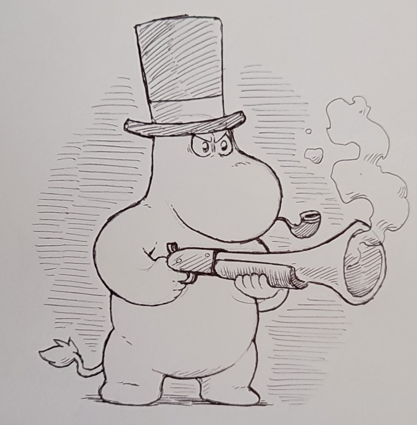 1boy antique_firearm blunderbuss full_body greyscale gun hat highres holding holding_gun holding_weapon krumparrian monochrome moomin moominpappa smoke smoking_gun smoking_pipe standing tail top_hat weapon