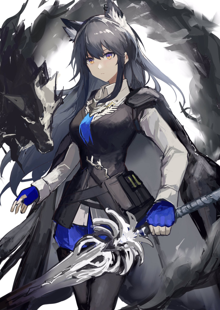 1girl animal_ear_fluff animal_ears arknights black_coat black_hair black_pantyhose black_vest blue_eyes blue_gloves blue_necktie blue_shorts coat coat_on_shoulders collared_shirt commentary cowboy_shot ear_piercing fingerless_gloves gloves hair_between_eyes highres holding holding_sword holding_weapon long_hair necktie official_alternate_costume orange_eyes pantyhose pantyhose_under_shorts piercing ruyu_(txzy22) shirt shorts sidelocks solo sword texas_(arknights) texas_the_omertosa_(arknights) two-tone_eyes vest weapon white_background white_shirt wolf wolf_ears wolf_girl