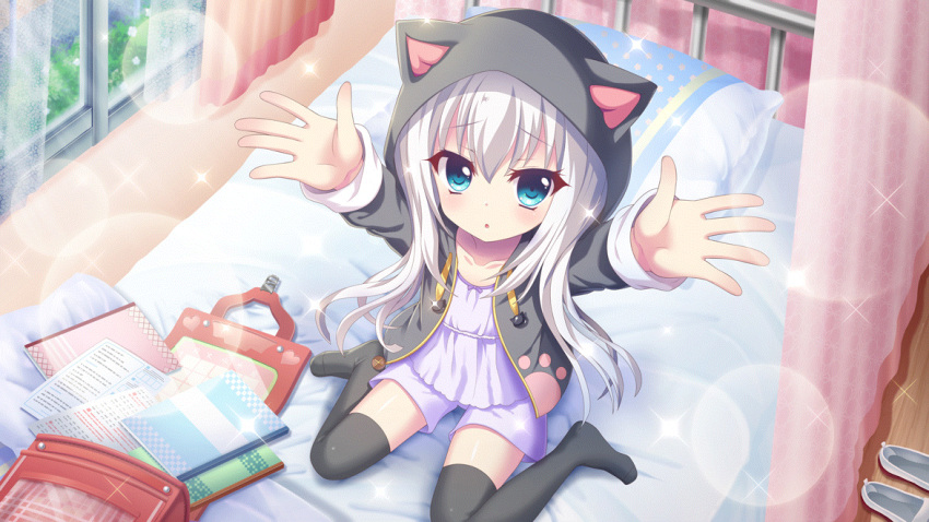 1girl aged_down animal_hood arms_up backpack bag black_hoodie black_jacket black_thighhighs blue_eyes cat_hood child dot_nose dress film_grain from_above game_cg hood hoodie infirmary izumi_tsubasu jacket long_hair nishidate_haku non-web_source notebook official_art on_bed open_bag outstretched_arms parted_lips pillow randoseru re:stage! school shoes shoes_removed sitting solo thighhighs wariza white_dress white_footwear white_hair window wooden_floor