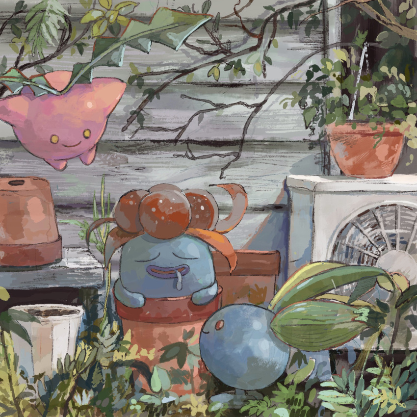 air_conditioner branch closed_eyes closed_mouth drooling floating gloom_(pokemon) highres hoppip leaf looking_at_another oddish open_mouth outdoors plant pokemon pokemon_(creature) potted_plant sakusakufugashi smile standing wooden_wall