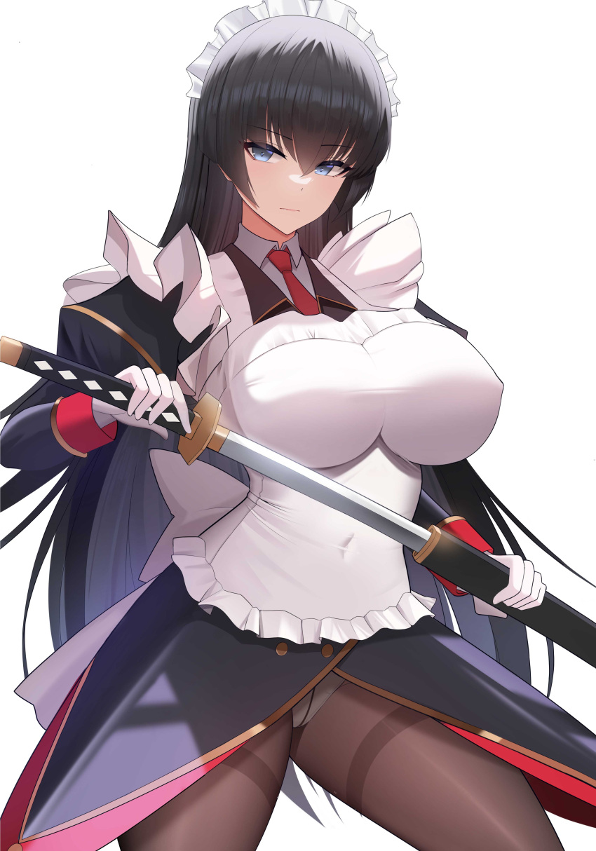 1girl absurdres apron black_hair black_jacket blue_eyes breasts brown_pantyhose collared_shirt covered_navel cowboy_shot frilled_apron frills gloves hanaukyou_maid_tai highres holding holding_sword holding_weapon impossible_apron jacket juliet_sleeves large_breasts long_hair long_sleeves maid maid_headdress necktie panties panties_under_pantyhose pantyhose puffy_sleeves red_necktie sheath shirt simple_background solo sword taut_clothes thighband_pantyhose tsurugi_konoe ultra_(511455329) underwear unsheathing very_long_hair weapon white_apron white_background white_gloves white_panties white_shirt