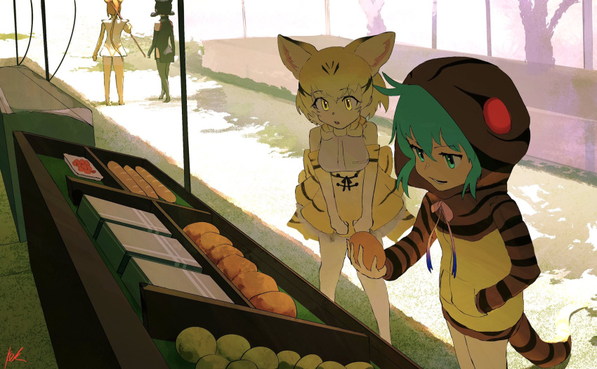 4girls animal_ears animal_hood animal_print aye-aye_(kemono_friends) back_bow black_dress black_hair blonde_hair bow bowtie bread cat_ears commentary day dress elbow_gloves fisheye food food_stand gloves golden_snub-nosed_monkey_(kemono_friends) green_eyes green_hair gun hair_between_eyes hand_in_pocket highres holding holding_gun holding_weapon hood hood_up hooded_jacket jacket k.k.k. kemono_friends leotard long_hair long_sleeves looking_at_food looking_at_object medium_hair multicolored_hair multiple_girls orange_hair outdoors parted_lips pocket ponytail print_hood print_jacket print_skirt sand_cat_(kemono_friends) shade shirt short_dress skirt sleeveless sleeveless_shirt smile snake_hood snake_print snake_tail standing symbol-only_commentary tail thighhighs tsuchinoko_(kemono_friends) two-tone_hair very_long_hair walking weapon yellow_eyes